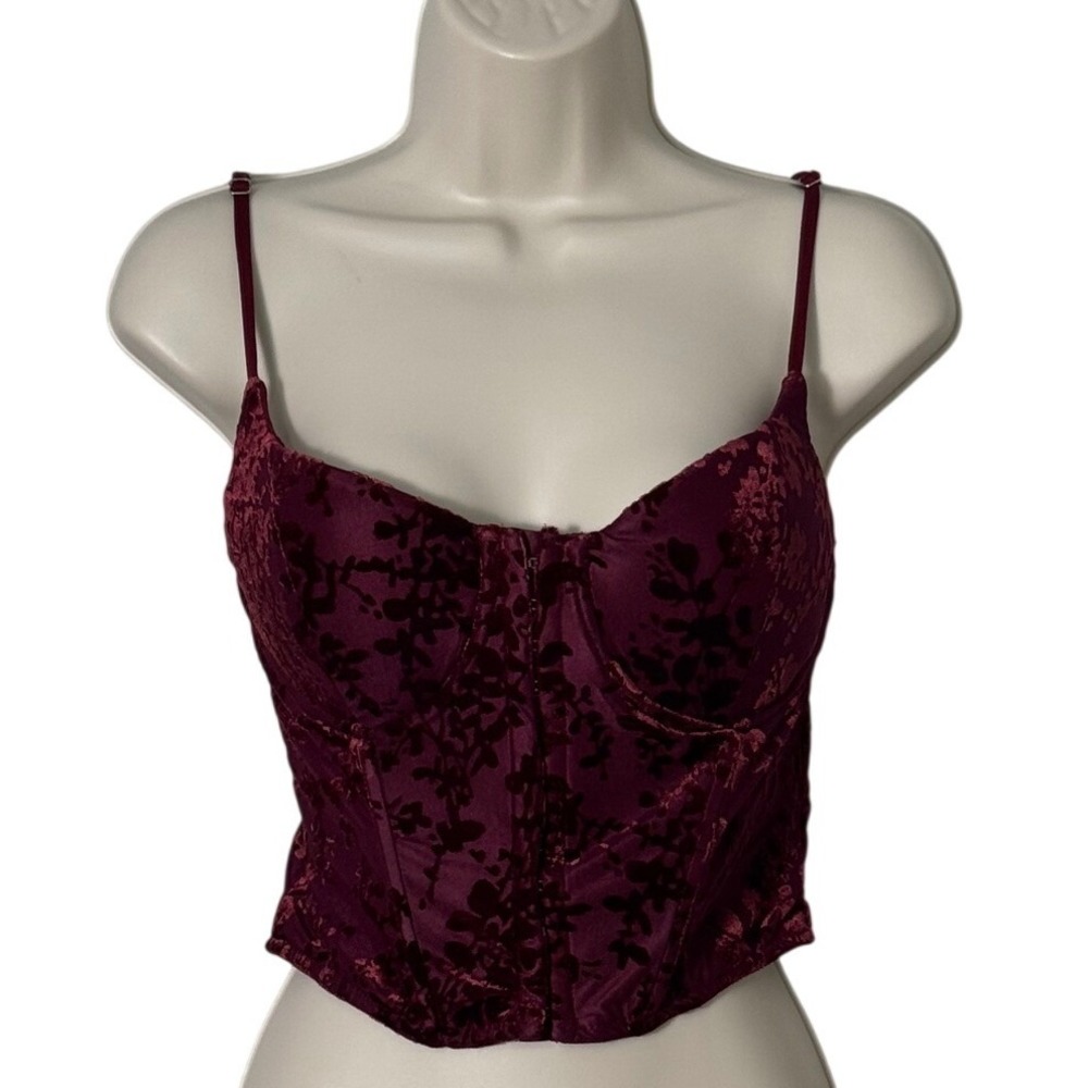 Lulus Burgundy Floral Burnout Velvet Bustier Corset Top Underwire Crop Size M - Picture 2 of 8